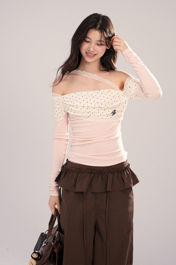Polka Dot Spliced Lace Off-Shoulder T-Shirt