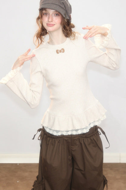 Lace Ruffle Hem Knit Top