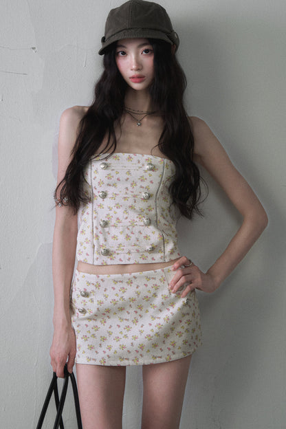 Floral Metal Buckle Tube Top and Hip-Hugging Mini Skirt Set-Up