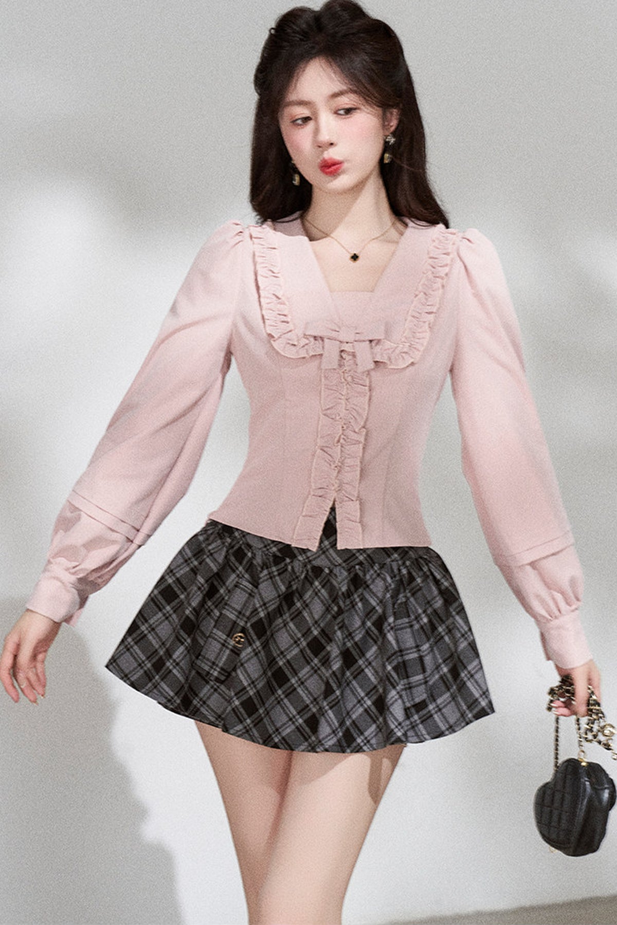 Ruffled V-Neck Blouse and Skirt Set-Up