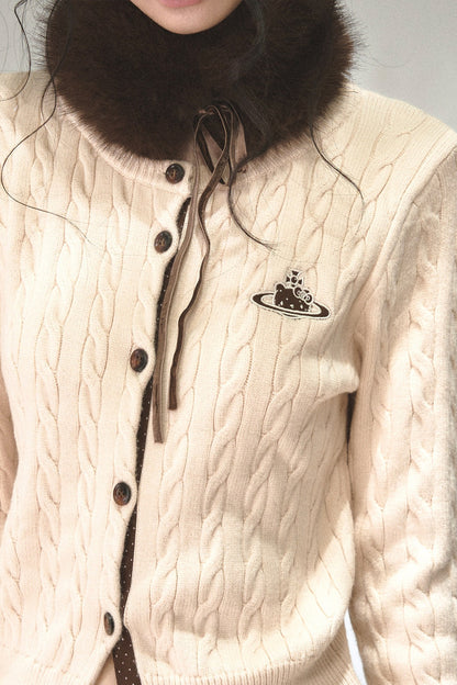 Color-Blocked Polka Dot Cable Knit Cardigan