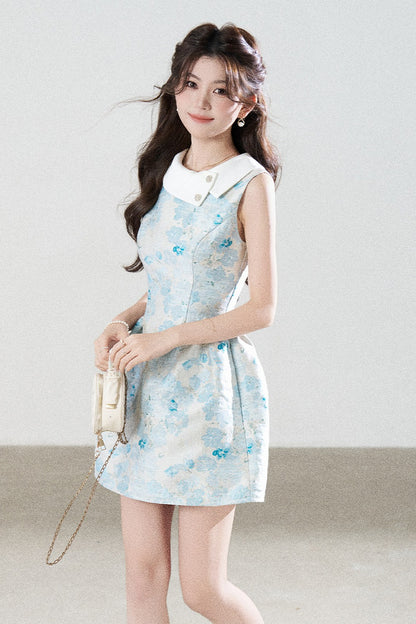 Blue Floral Jacquard Sleeveless Dress