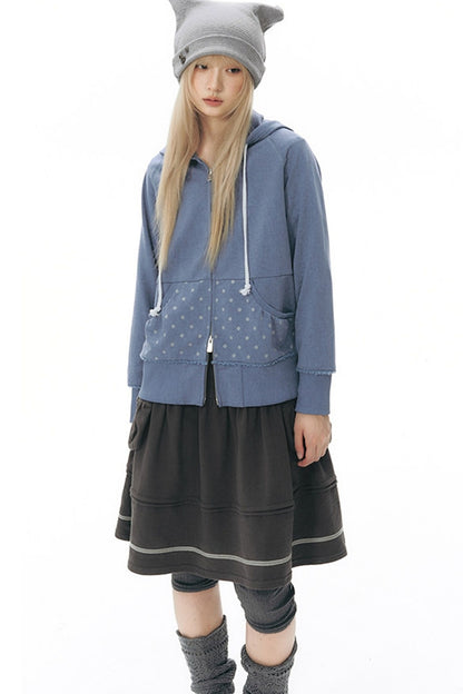 Distressed Floral Print Hooded Open Front Jacket