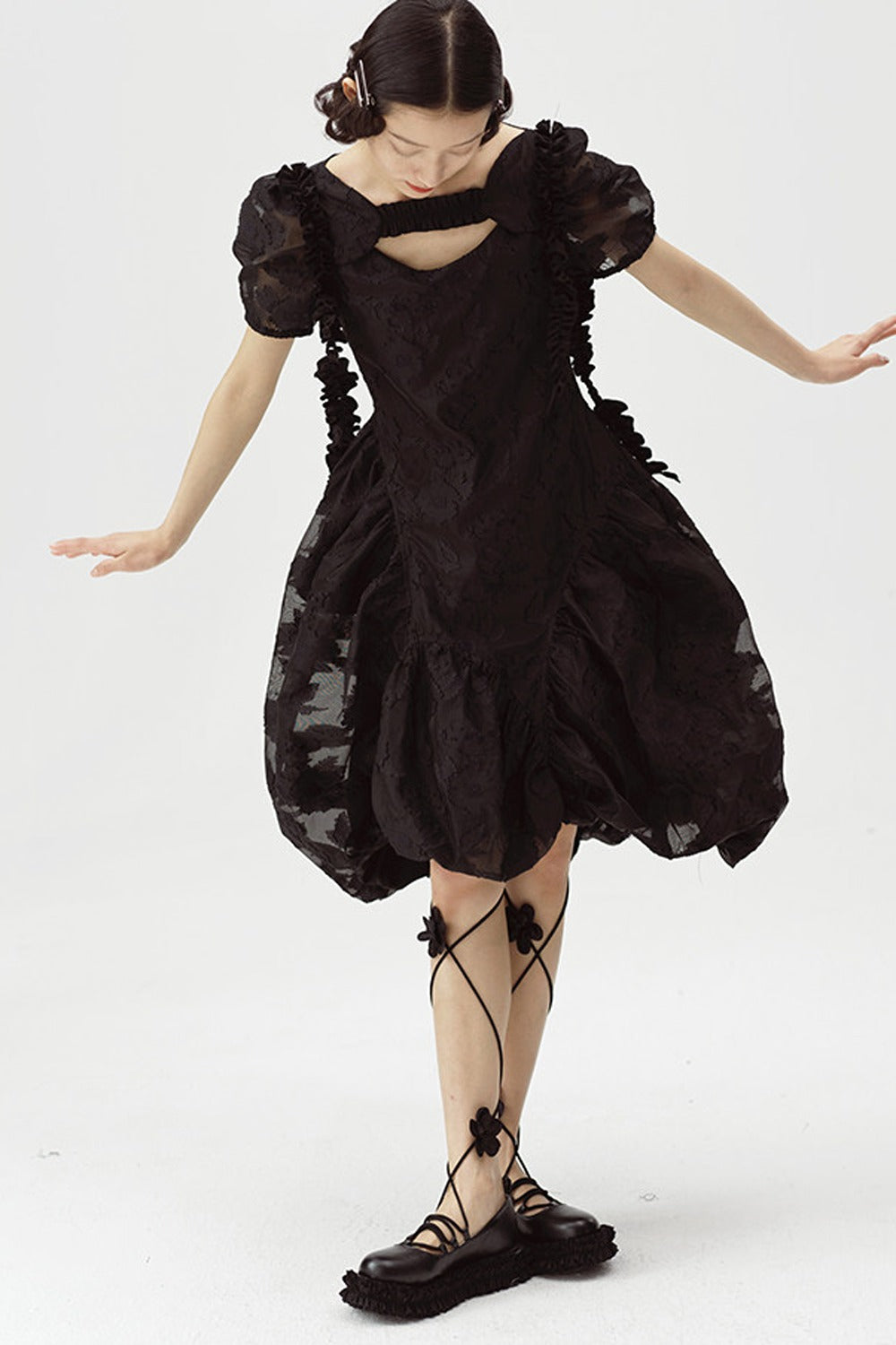 Irregular Floral Puff Dress