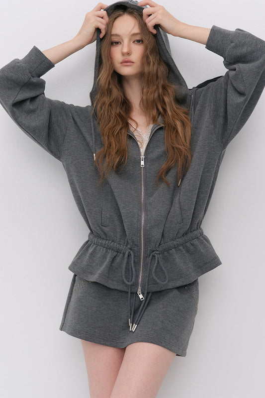 Silhouette Drawstring Hoodie and Studded Skirt Set-Up