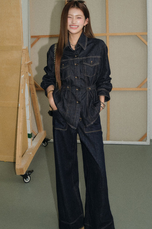 Denim Shirt and Wide-Leg Flared Pants Set-Up