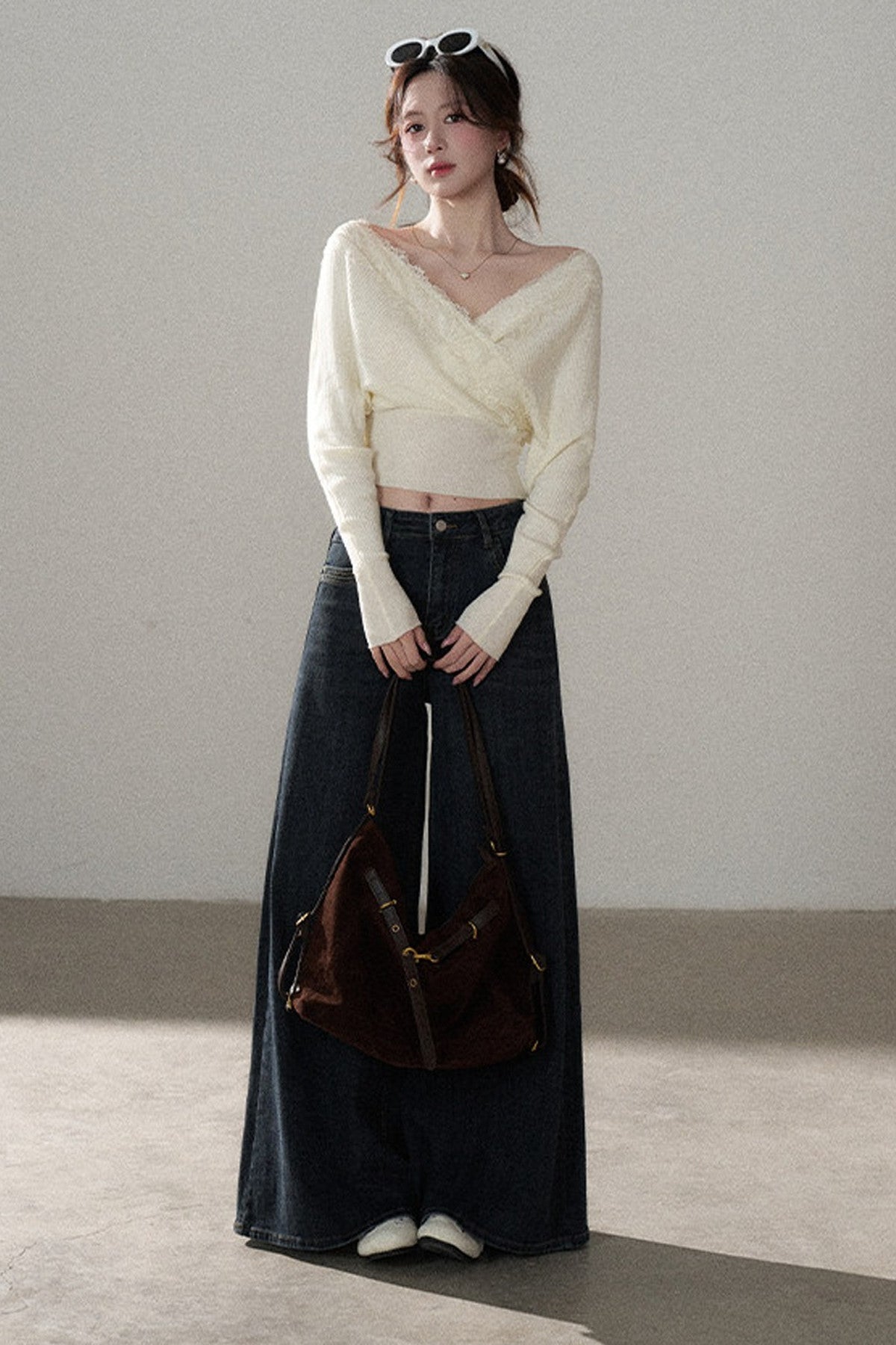 V-Neck Hollow Knit Top and Jeans Set-Up