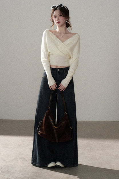 V-Neck Hollow Knit Top and Jeans Set-Up