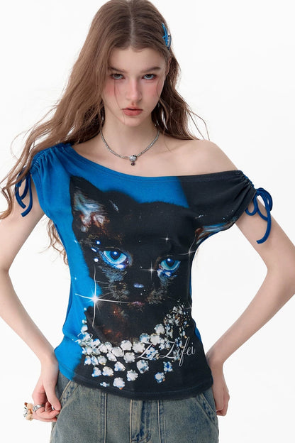 Maglia monospalla estiva con stampa gatto