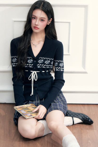 Navy Fair Isle Cardigan and Plaid Skirt Set-Up