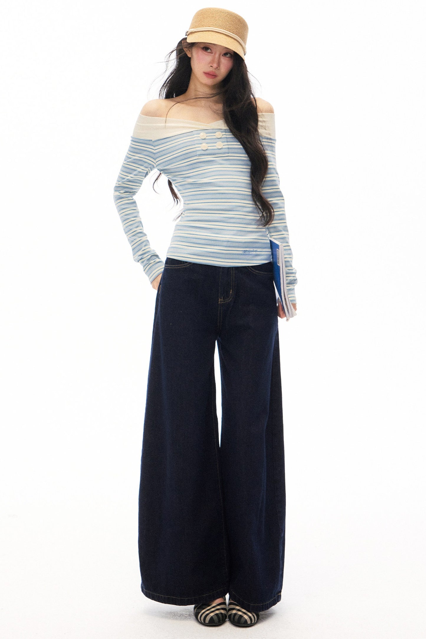 Striped Off-Shoulder Knit Top and Jeans Set-Up