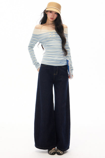 Striped Off-Shoulder Knit Top and Jeans Set-Up