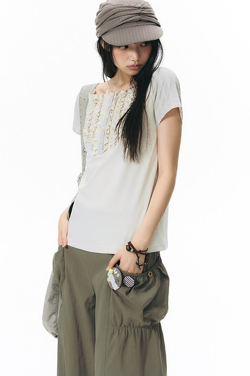 Patchwork Waistband Pocket Wide-Leg Cargo Pants