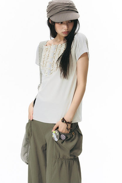 Patchwork Waistband Pocket Wide-Leg Cargo Pants