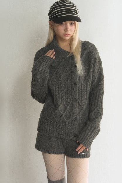 Grey Argyle Knit Cardigan and Shorts Set-Up