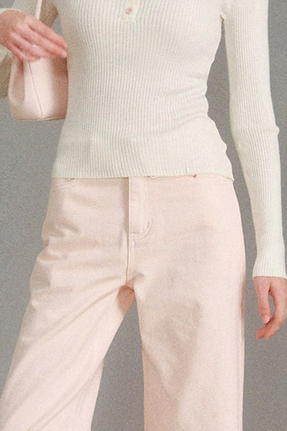 100% Cotton Folded Waistband Wide-Leg Jeans