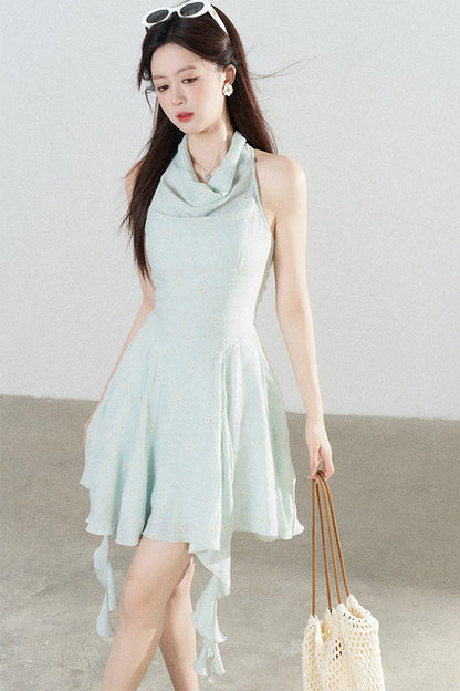 Halter Neck Sleeveless Irregular Hem Ruffle Dress