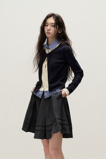Plaid Collar Layered-Look Knit Top