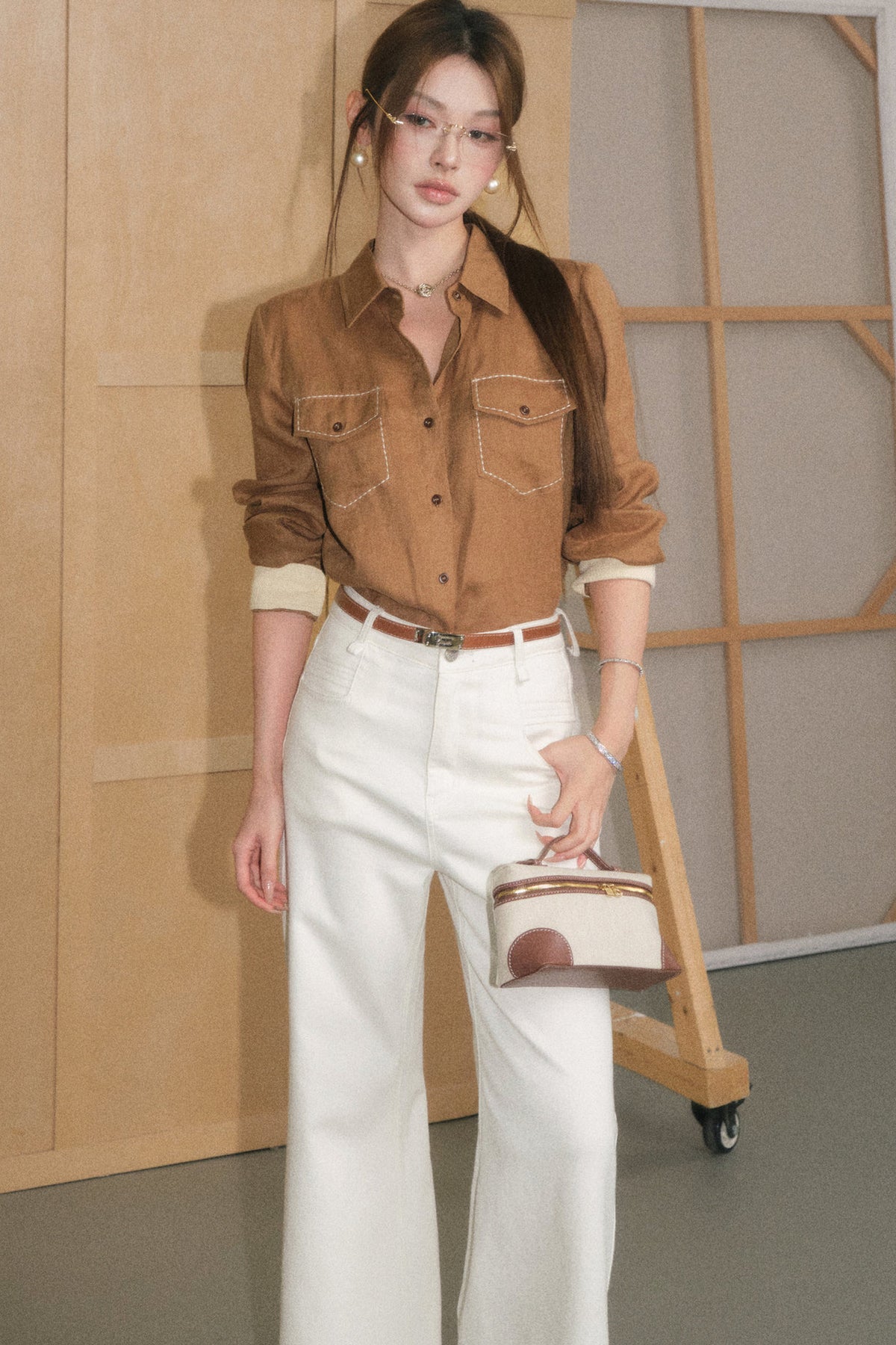 Color-Blocked Linen Shirt and White Pants Set-Up