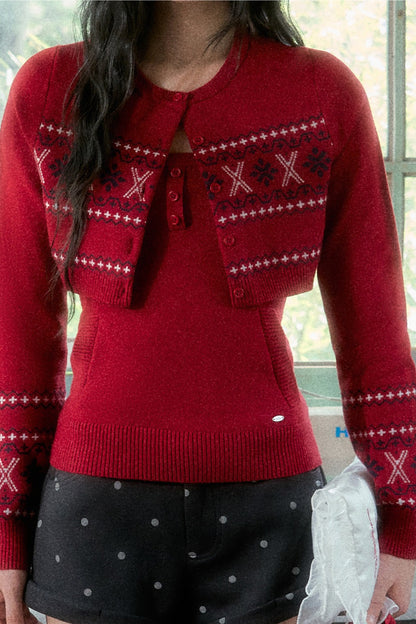 Fair Isle Red Knitted Cardigan And Halter Top Set