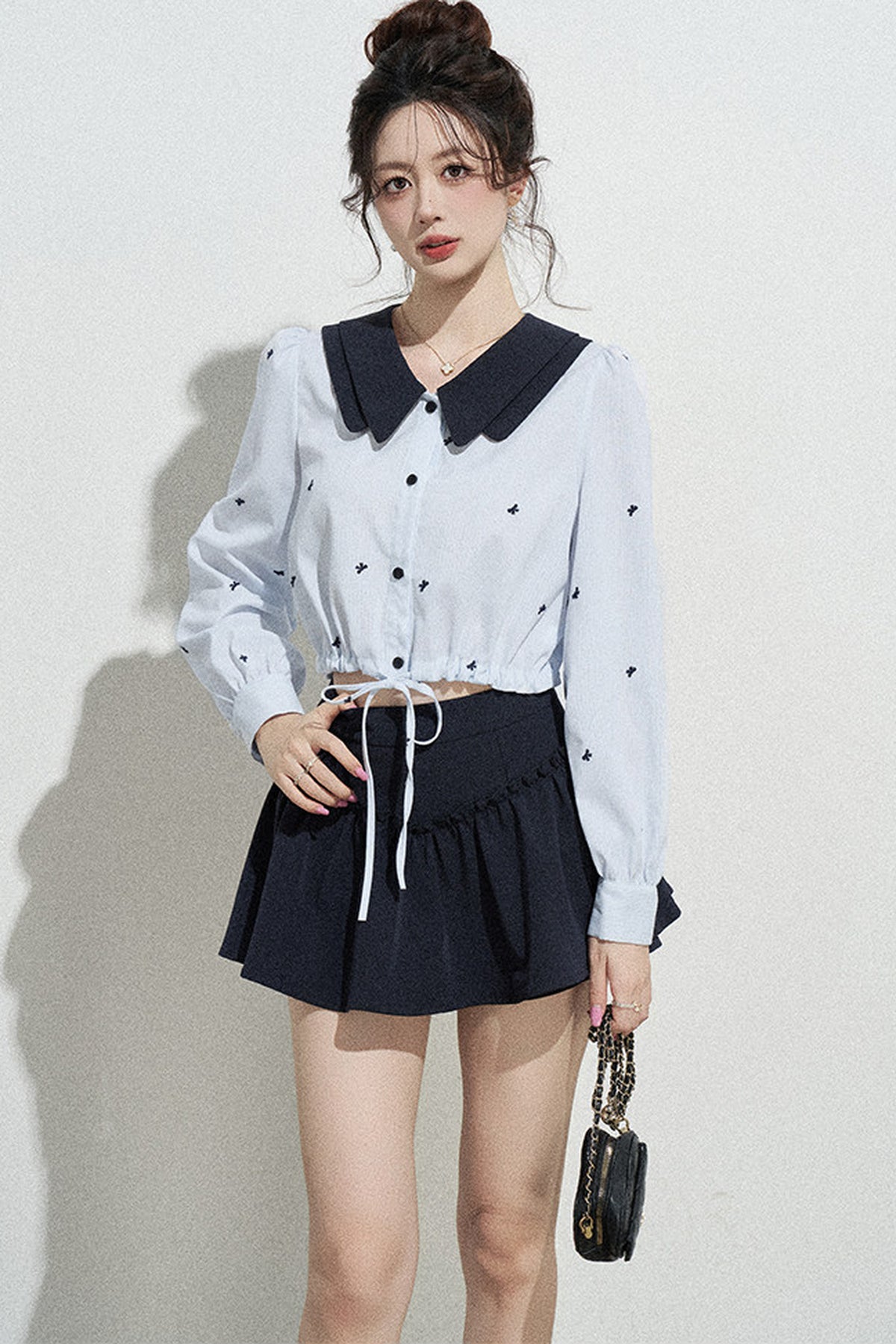 Doll Collar Drawstring Long-Sleeve Shirt and Skirt Set-Up