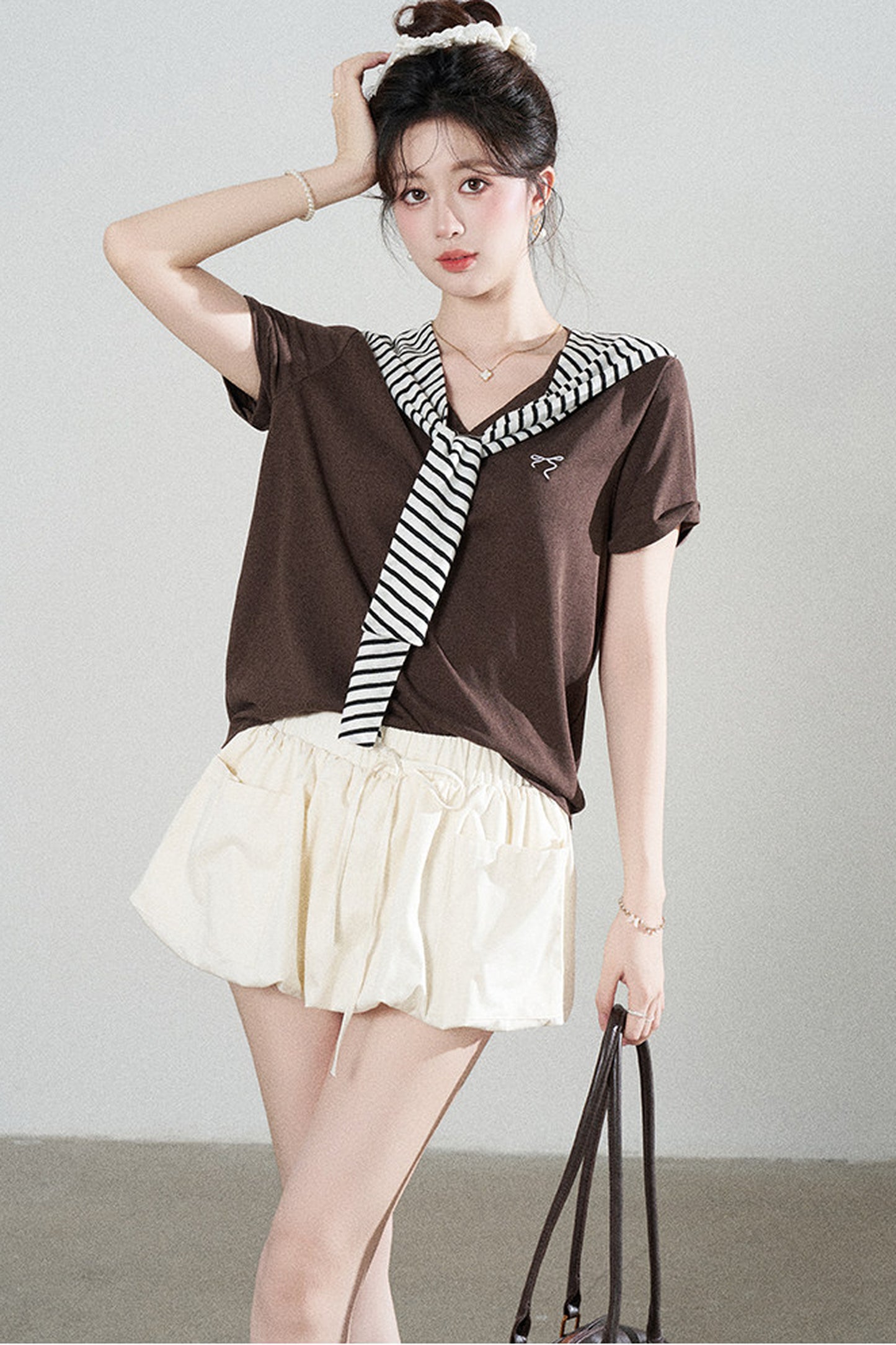 Loose Short-Sleeved Striped Shawl T-Shirt and Denim Skirt Set-Up