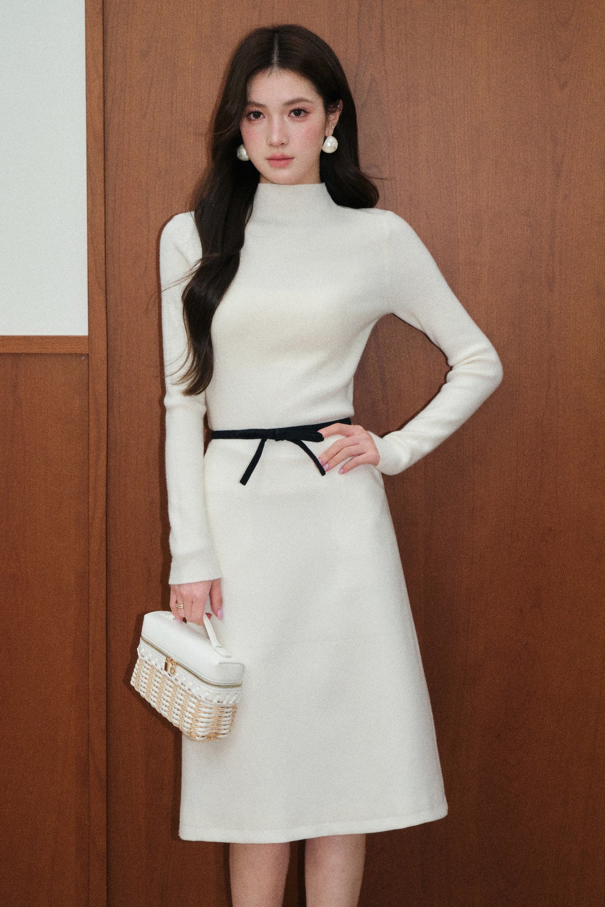 White Wool High-Waisted Straight Bow Skirt and Knit Top Set