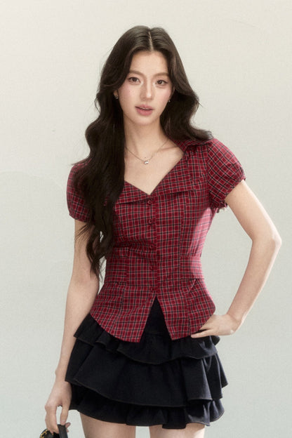 Plaid Waist-Cinching Short-Sleeved Shirt