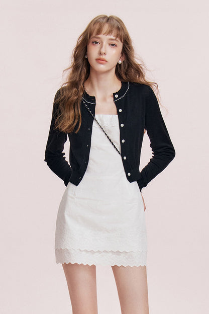 French Double-Layer Lace Spaghetti Strap Dress and Cardigan Set-Up