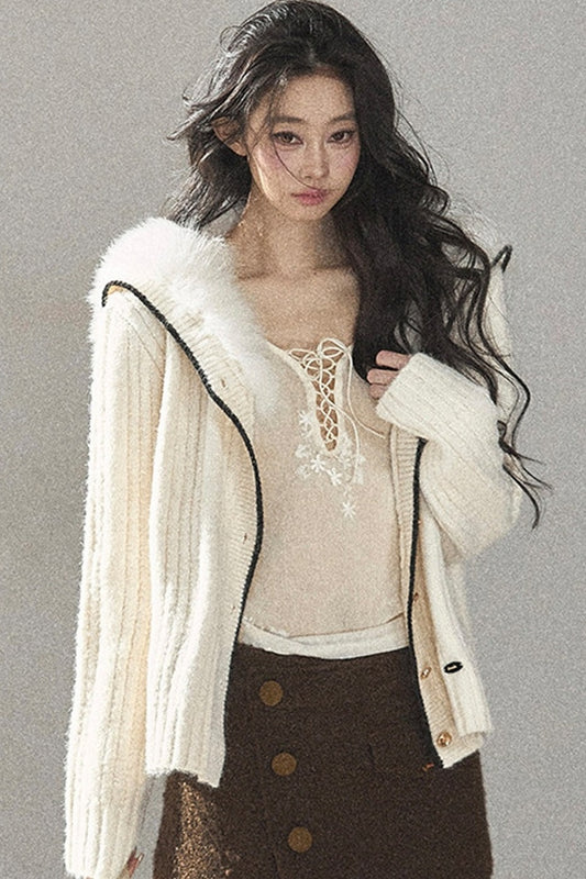 Navy Collar Wool Ribbed Striped Cardigan