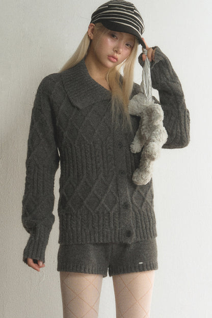 Grey Argyle Knit Cardigan and Shorts Set-Up