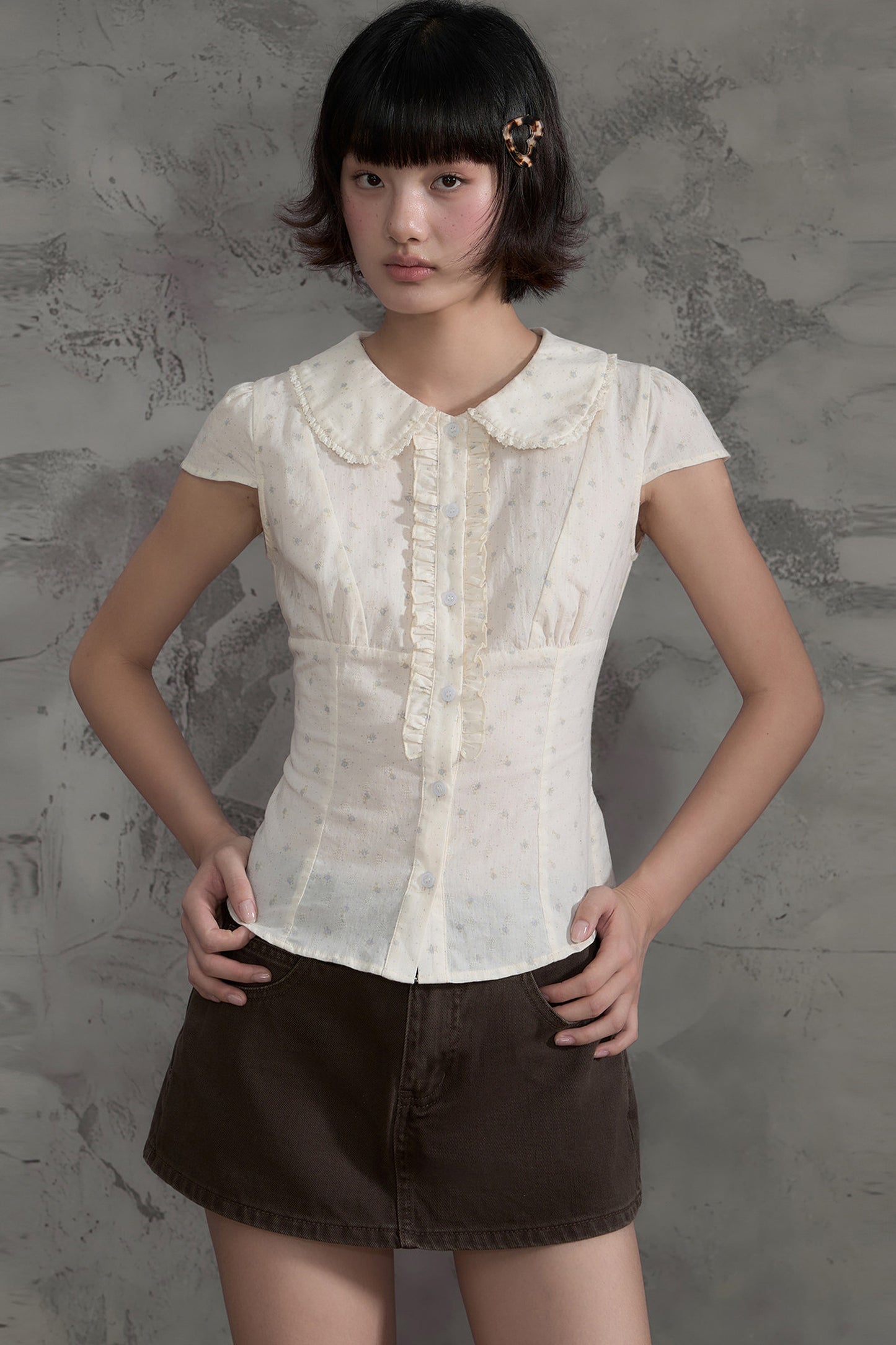 Floral Ruffle Doll Collar Blouse and Skirt Set-Up