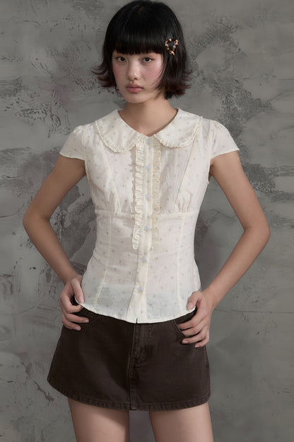 Floral Ruffle Doll Collar Blouse and Skirt Set-Up