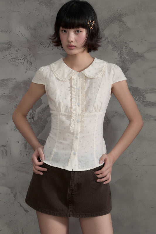 Floral Ruffle Doll Collar Blouse and Skirt Set-Up
