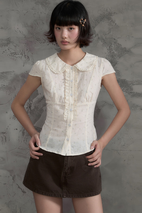 Floral Ruffle Doll Collar Blouse and Skirt Set-Up
