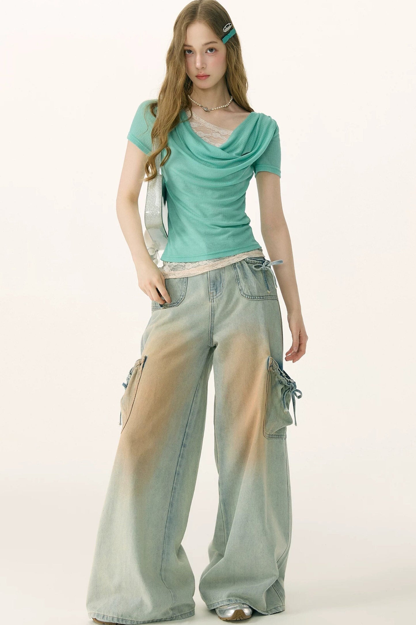 Pantaloni in denim retrò con fiocco