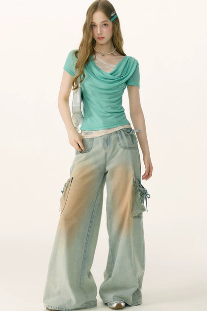 Pantaloni in denim retrò con fiocco
