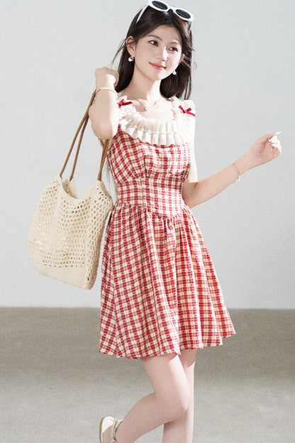 Red Plaid Sleeveless Ruffle Dress