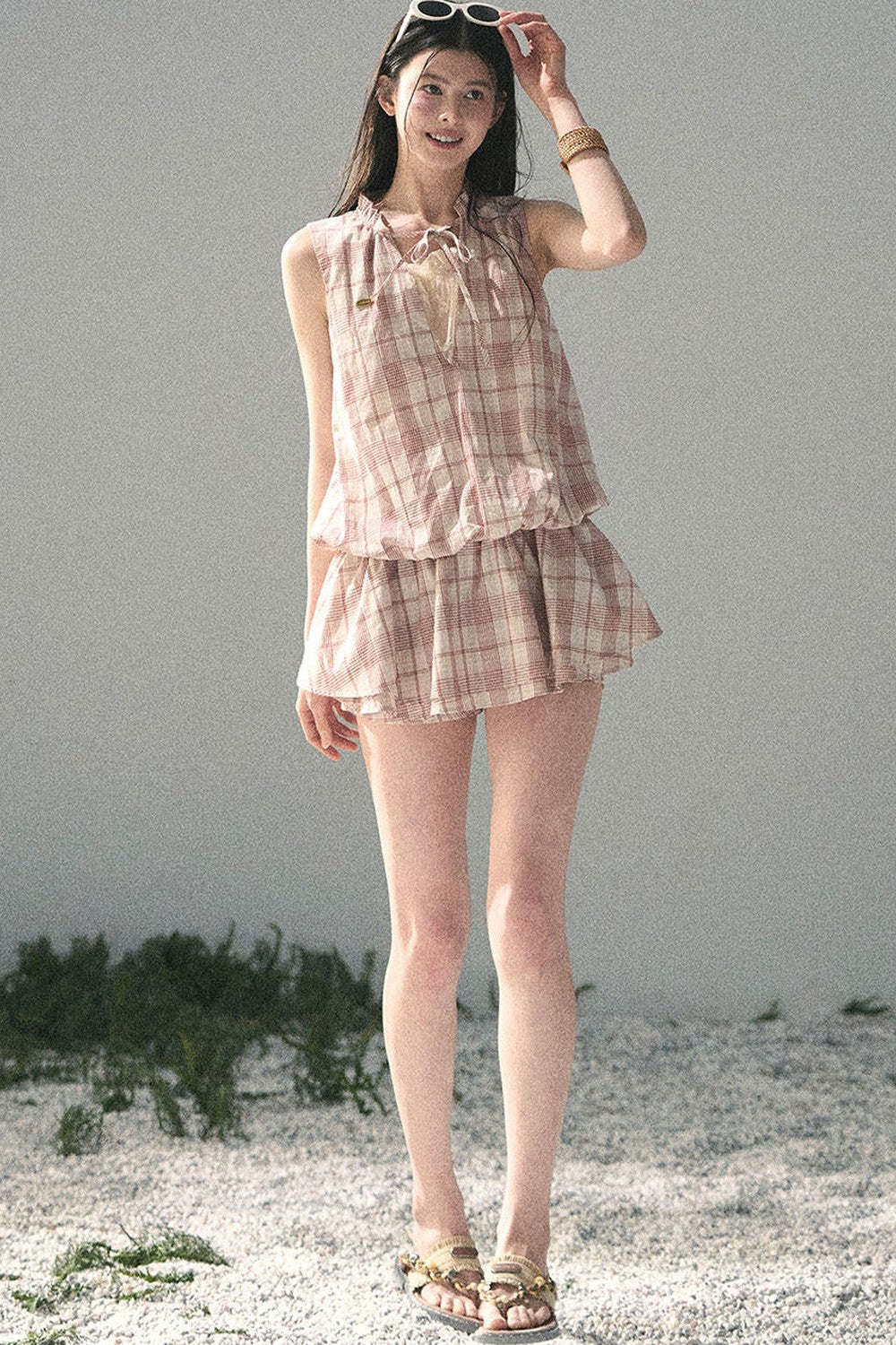 Lace Plaid Puff Dress Set