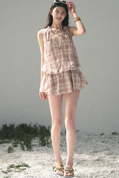 Lace Plaid Puff Dress Set