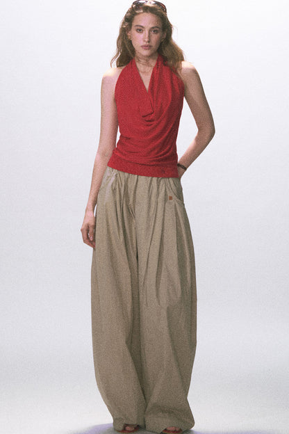 Wrinkled Twill Wide-Leg Pants