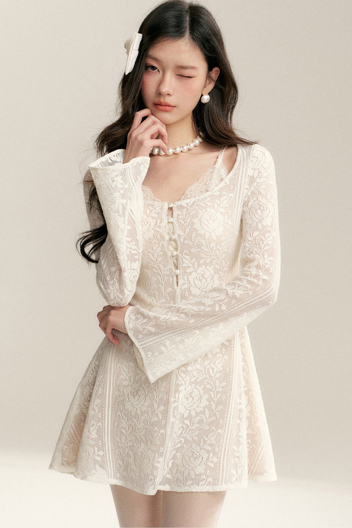 Long Sleeve Hollow Lace Dress