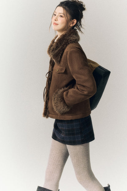 Suede Fur Collar Lace-Up Jacket