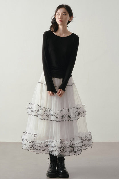 White Puffy Black Ruffle Stitching Skirt
