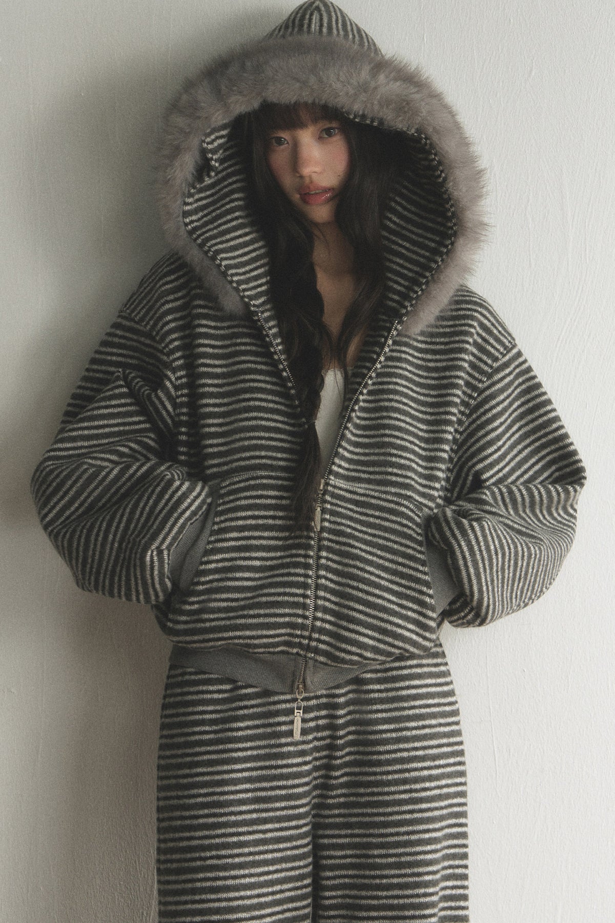 Striped Fur Collar Hooded Top and Pants Set-Up