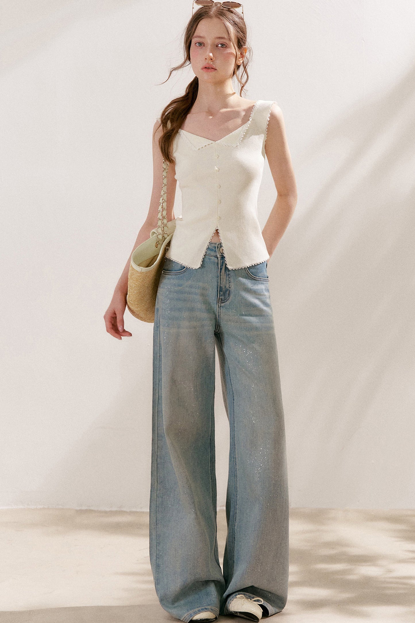 Silver Embellishment Straight Wide-Leg Loose Jeans