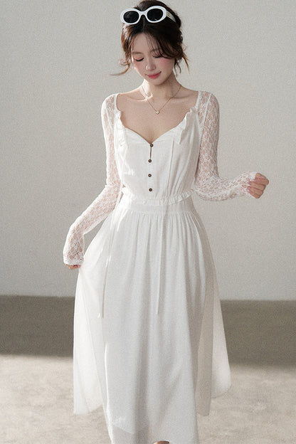 Robe trapèze en dentelle à boutons
