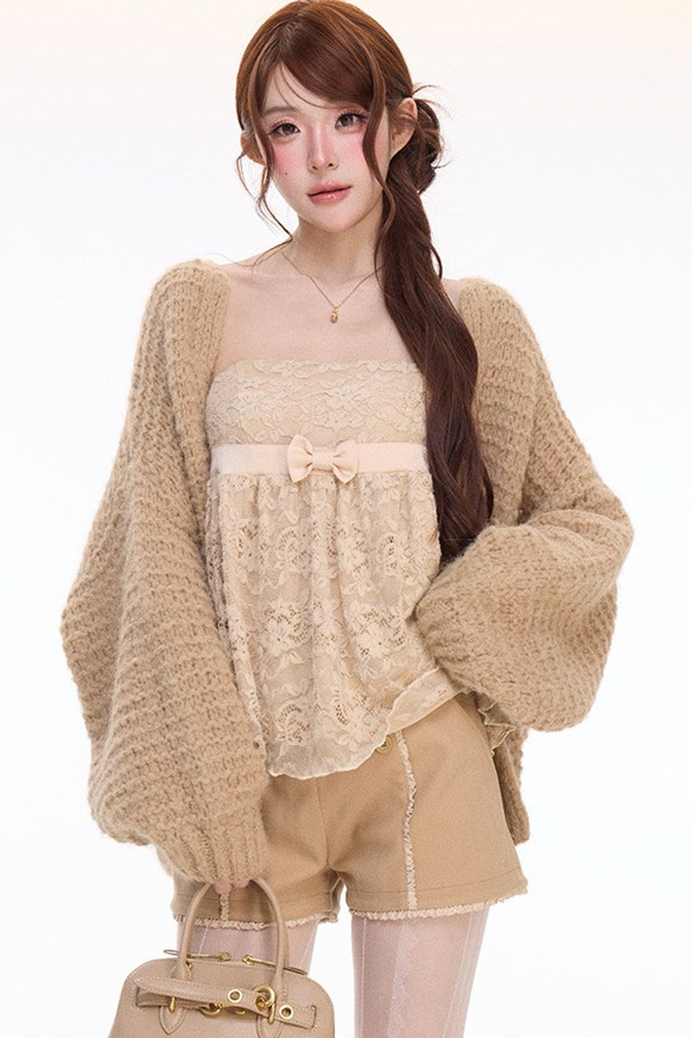 Chunky Knit Cardigan With Lace Top and Pants Set-Up