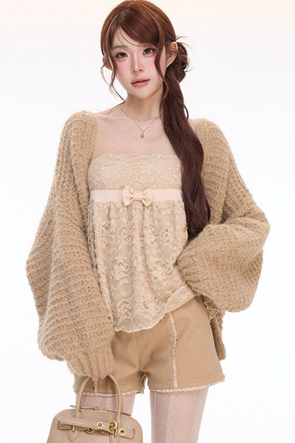 Chunky Knit Cardigan With Lace Top and Pants Set-Up