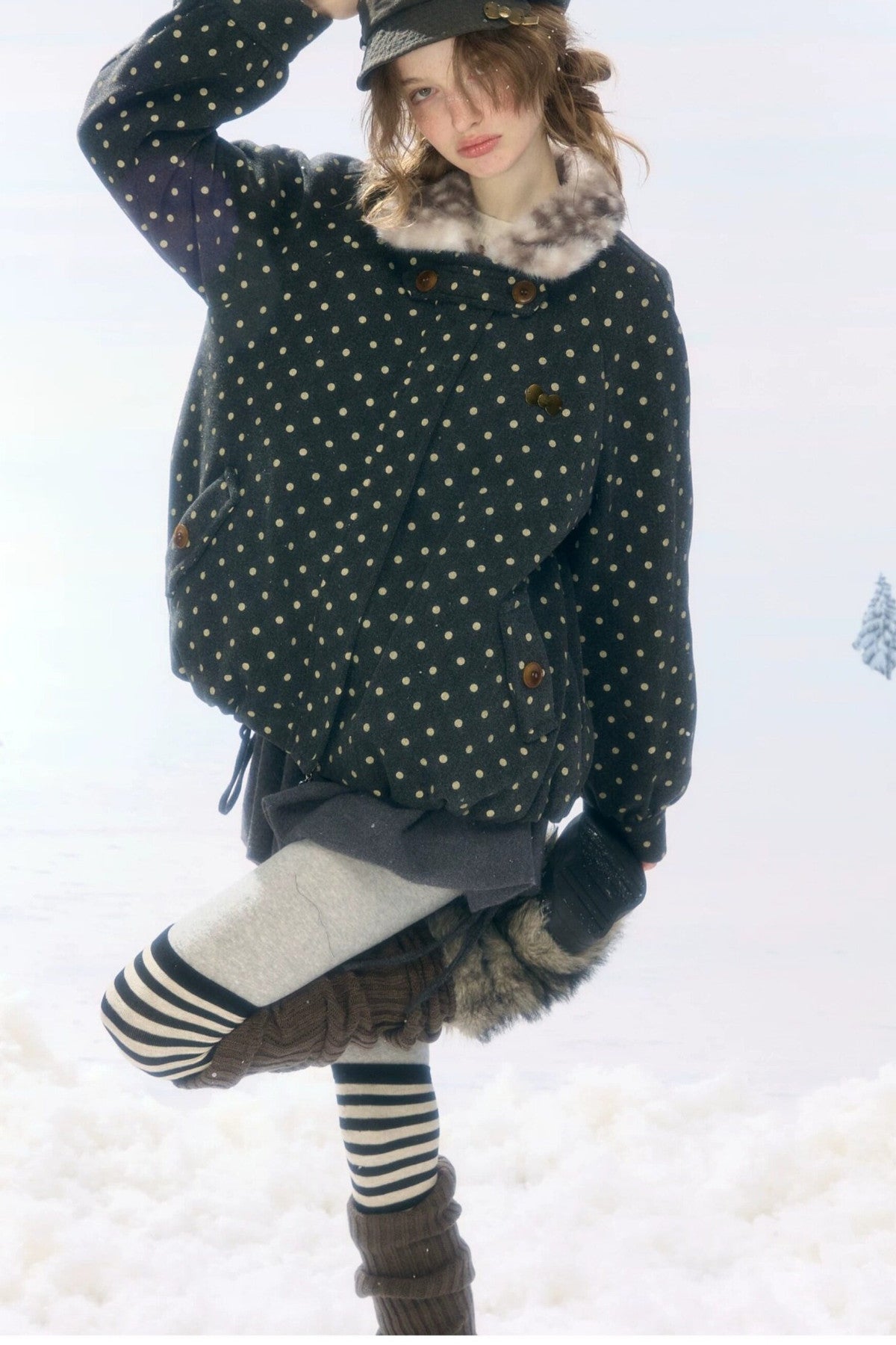 Short Polka Dot Plush Collar Cotton Jacket